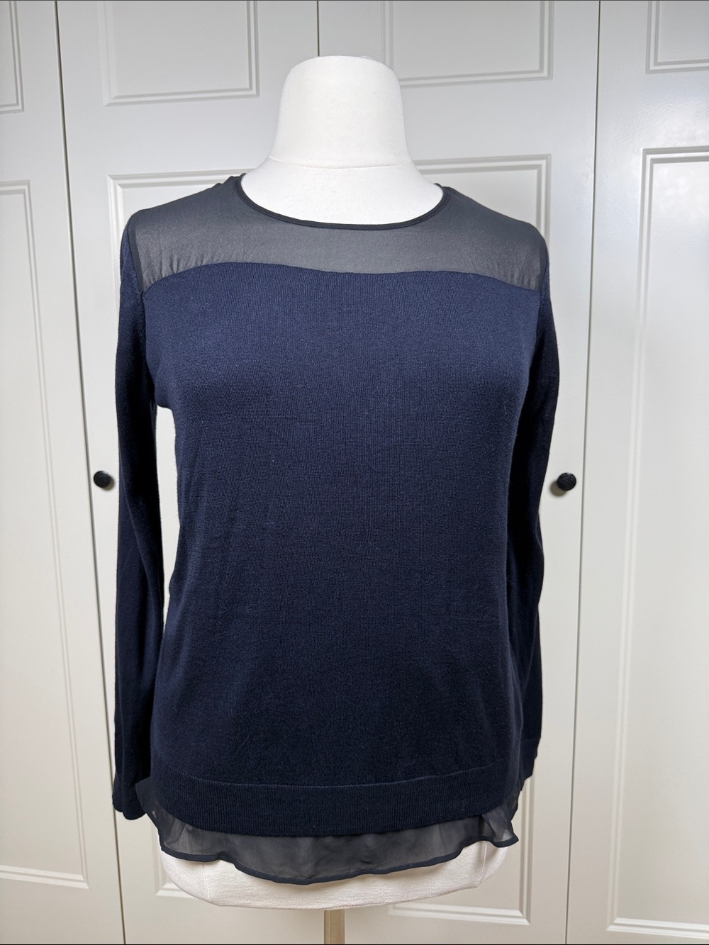H&M Navy Sheer Yoke & Layered Hem Knit Sweater Size L